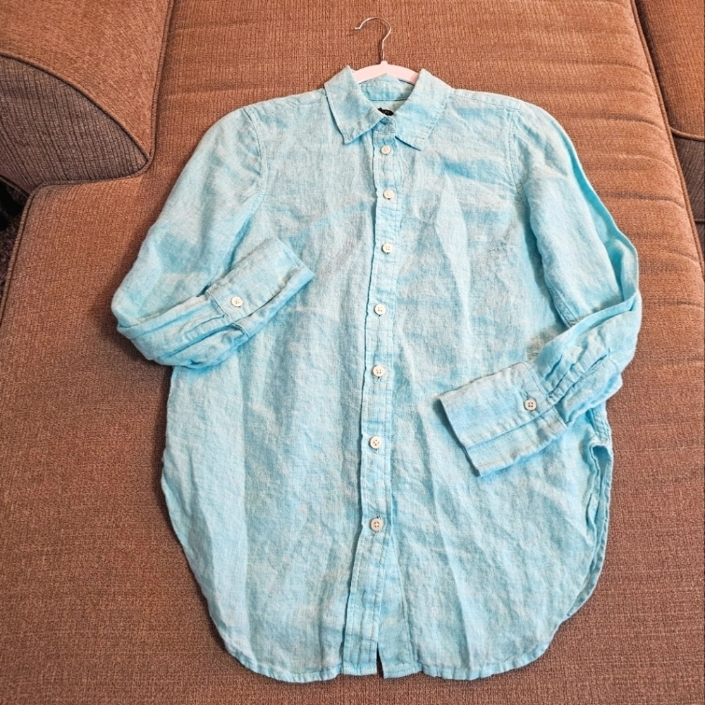 Talbots Linen Mint Green Blue Lagenlook Relaxed Coastal Button Top Small Petite